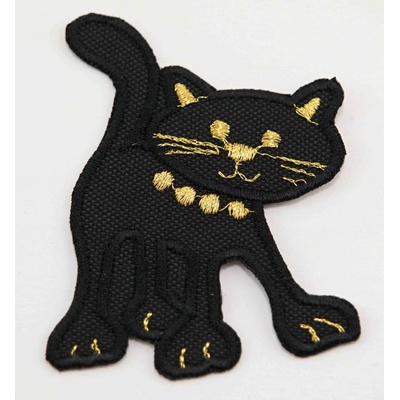 Nažehľovacia záplata - čierna mačička so zlatými ozdobami, stojaca - rozmer 7,5 cm x 7 cm