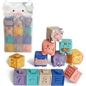 Babyhome Бебешки меки силиконови кубчета и конструктор Soft Building Blocks с релефни цифри и животни (12 части)