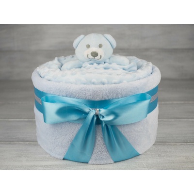 Pastell decor Plenkový dort jednopatrový pro chlapečka s dekou originální dárek Velikost plenek: Vel. 2 Miminko váží 3 až 6 kg, Velikost oblečení: 50 Miminku jsou 0 až 2 měsíce