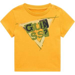 GUESS Тениска с къс ръкав в оранжево за бебе момче с надпис Guess в зелено и черно