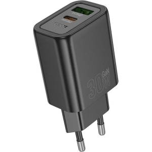 hoco. N63 Gentle USB-C + USB-A PD30W+QC3.0 зарядно устройство (ЕС), черно