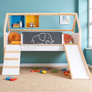 Ginger Home Детско Легло Къщичка ginger home, Монтесори, Двуетажно, Пързалка, Черна Дъска, Подматрачна Рамка 90х200 см (srk-20) - bebetabg