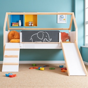 Ginger Home Детско Легло Къщичка ginger home, Монтесори, Двуетажно, Пързалка, Черна Дъска, Подматрачна Рамка 90х200 см (srk-20) - bebetabg
