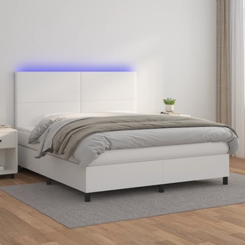 vidaXL Боксспринг легло с матрак и LED бяло 180x200 см изкуствена кожа (3135838)