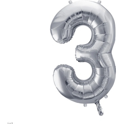 PartyDeco Fóliový balón narodeninové číslo 3 strieborný 86cm