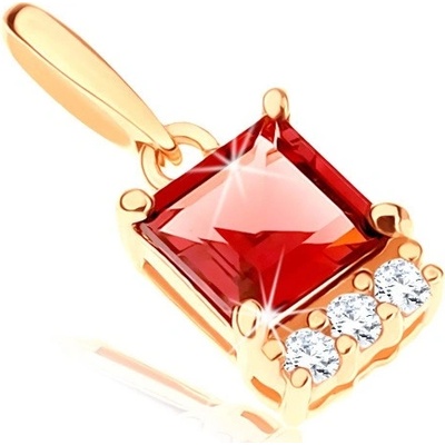 Šperky Eshop Přívěsek ve žlutém zlatě čtvercový červený granát linie čirých zirkonků S2GG90.35