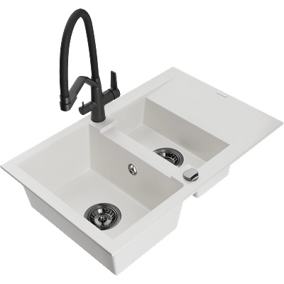 Mexen Gaspar гранитна мивка 1, 5-корпусна с отцедник и кухненски кран Duo, бял - 6507-20-671701-70-B (6507-20-671701-70-B)