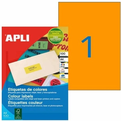 Etikety farebné 210x297mm APLI A4 100 hárkov fluo oranžové
