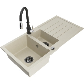 Mexen Andres гранитна мивка 1, 5-контейнерна с отцедник и кухненски смесител Savita, бежов - 6515-69-672601-70 (6515-69-672601-70)
