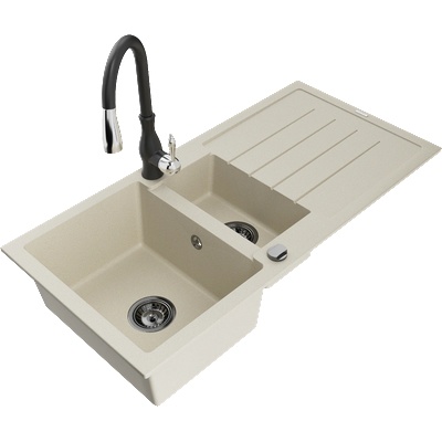 Mexen Andres гранитна мивка 1, 5-контейнерна с отцедник и кухненски смесител Savita, бежов - 6515-69-672601-70 (6515-69-672601-70)