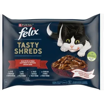 FELIX Tasty Shreds Асортимент от фермата - с пиле, с говеждо, с патица, с пуйка в сос, 4х80г