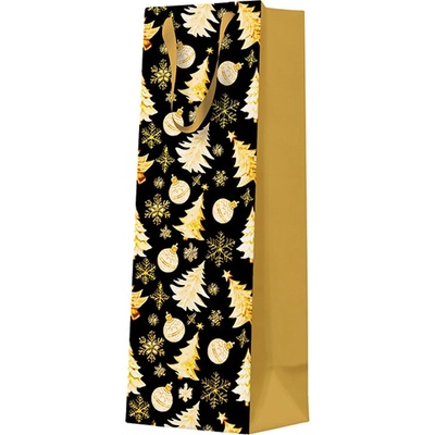 PAW Dárková taška na láhev - Golden christmas trees black 12x10x37 cm