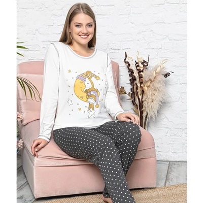Дамска пижама в бяло и сиво с луна и маймунка