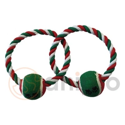 Anipro Play - Въжена играчка за кучета във форма на двоен кръг с две топки, бяло/зелено/червено 33 см, 250-260 гр