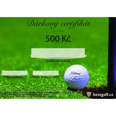 Bestgolf Dárkový certifikát pro golfistu v hodnotě 500 Kč Design certifikátu: Jamka