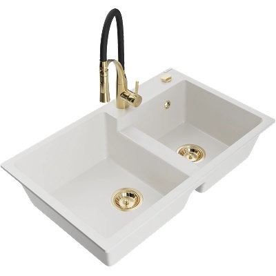 Mexen Tomas гранитна кухненска мивка с 2 камери и кухненски смесител Aster, бял - 6516-20-73450-57-G (6516-20-73450-57-G)