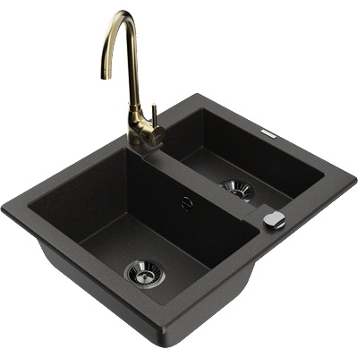 Mexen Carlos гранитна мивка 1, 5 камери с кухненски смесител Telma, черен/златен металик - 6518-75-670200-50-B (6518-75-670200-50-B)