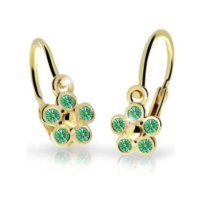 Danfil dětské náušnice kytičky C2744 ze žlutého zlata s kamínky Emerald Green zapínání brizura