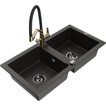 Mexen Mario гранитна мивка с 2 камери и кухненски смесител Duo, черен/златен металик - 6504-75-671701-57-B (6504-75-671701-57-B)