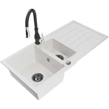 Mexen Andres гранитна кухненска мивка 1, 5-камерна с отцеждане и кухненски смесител Savita, бял - 6515-20-672601-70 (6515-20-672601-70)