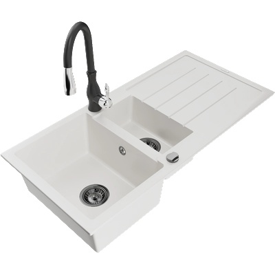 Mexen Andres гранитна кухненска мивка 1, 5-камерна с отцеждане и кухненски смесител Savita, бял - 6515-20-672601-70 (6515-20-672601-70)