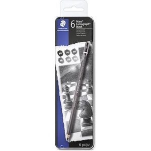 STAEDTLER Комплект графитни моливи, метална кутия, шестостенни, STAEDTLER „Mars Lumograph 100B, 6 различни степени на твърдост, черни 100B G6 (100B G6)