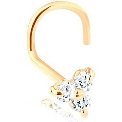 Šperky Eshop piercing do nosu ve žlutém zlatě zahnutý tři čiré zirkonky S2GG96.02