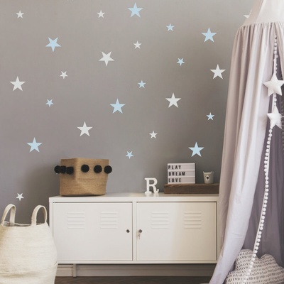 INSPIO Nálepka Modré hviezdičky - nálepky na stenu pre chlapca guličky a bodky, hviezdy a oblaky modrá, sivá, plnofarebný motív rozmery 30x90