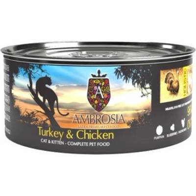 AMBROSIA Kitten & Cat Turkey Chicken - консерва, 96 % съдържание на месо за подрастващи котенца и котки с капризен апетит - 150 гр, Франция