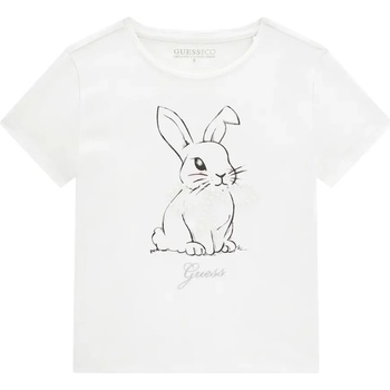 GUESS Тениска в бяло за момиче със зайче, перли и сребрист надпис Guess