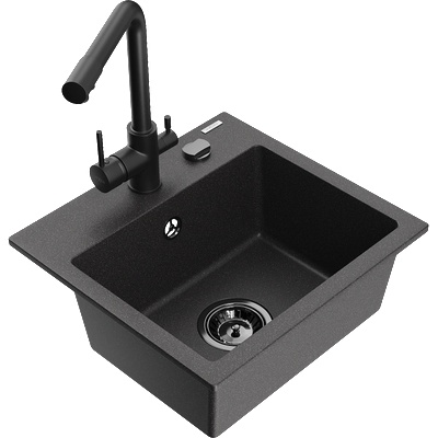 Mexen Milo гранитна мивка с една камера с кухненски смесител Duero, черен напукан - 6505-76-671600-70-B (6505-76-671600-70-B)