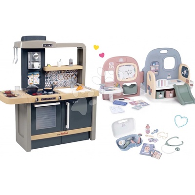 Smoby Set kuchynka elektronická s nastaviteľnou výškou Tefal Evolutive a domček pre bábiku s 5 miestnosťami a kufríkom
