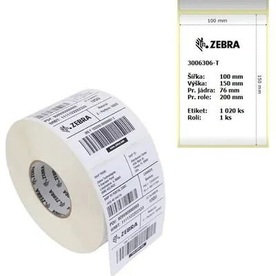 ZEBRA Z-Perform 1000D papierové etikety 100x150mm / jadro 76mm (3") / pr. rolka 200mm / 1020ks / 1 rolka / dopredaj (3006306-T.1)