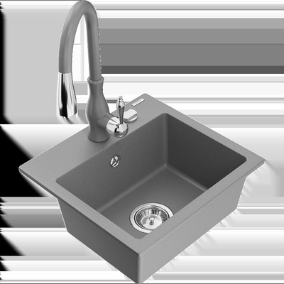 Milo кухненска мивка от гранит с 1 отделение и кухненски смесител Savita, сив - 6505-71-672601-71 (6505-71-672601-71)