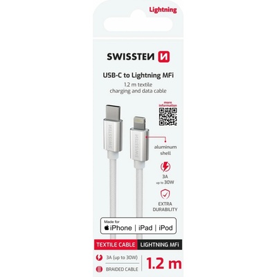 Swissten 71526203 Textile USB-C / Lightning MFi stříbrný