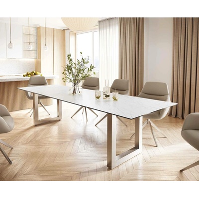 DELIFE Jídelní stůl Edge 300x100 cm keramika Laminam® Statuarettio bílá široká podnož nerezová ocel
