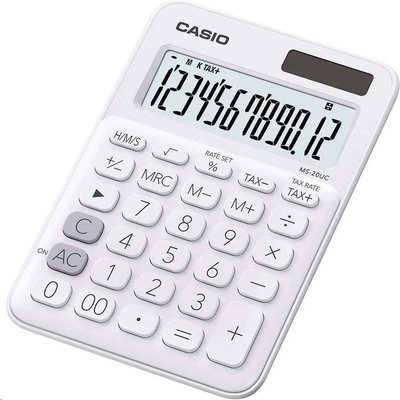 CASIO MS 20UC WE - Štýlová farebná stolná kalkulačka s 12-miestnym displejom, výpočtom %, DPH a ďalšími funkciami.