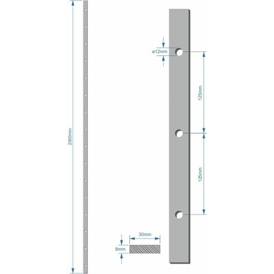 Tyč 30 x 8 x 2000 mm, rozteč dier 125 mm, diera ø 12 mm