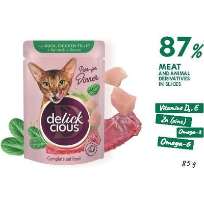 Delickcious Plátky s kachním a kuřecím a špenátem v omáčce 85 g