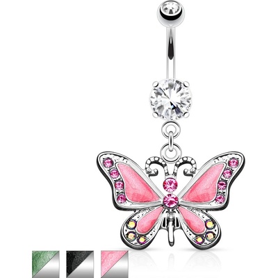 Šperky eshop piercing do pupíku z chirurgické oceli visící motýl s perleťovou glazurou zářivé zirkony Z31.11 černá