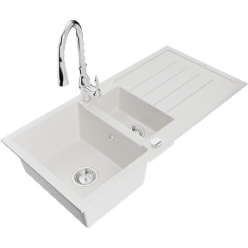 Mexen Andres гранитна мивка с 1, 5 камери с отцеждач и кухненски смесител Savita, бял - 6515-20-672601-00 (6515-20-672601-00)