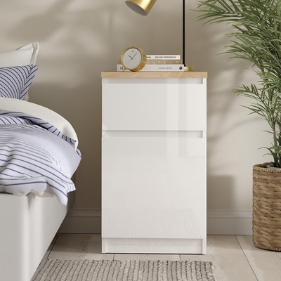 Нощно шкафче Naia с 1 врата и 1 чекмедже Бял гланц и Jackson Hickory