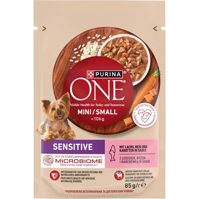 Purina One Sensitive Mini/Small pro dospělé psy s lososem, rýží a mrkví v omáčce 85 g