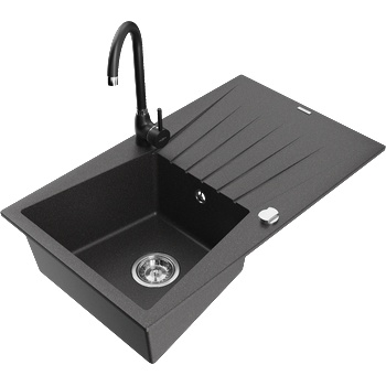 Mexen Cesar гранитна мивка с 1 камера и сушилник и кухненски смесител Telma, черен на петна - 6514-76-670200-70 (6514-76-670200-70)
