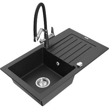Mexen Pablo гранитна кухненска мивка с 1 отделение, отцеди и кухненски смесител Duo, черен/сребрист металик - 6510-73-671701-07 (6510-73-671701-07)
