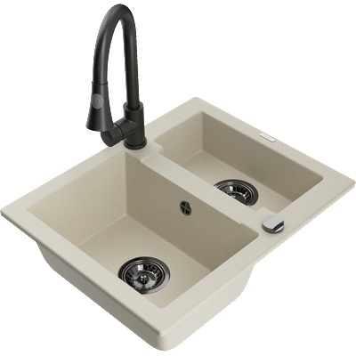 Mexen Carlos кухненска мивка от гранит с 1, 5 корита и кухненски смесител Elia, бежов - 6518-69-670101-70 (6518-69-670101-70)
