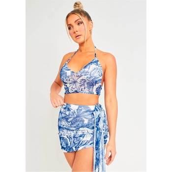 Image 1 of Missy Empire Butterfly Print Halter Neck Mesh Top - Blue