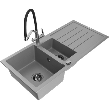 Mexen Andres гранитна мивка 1, 5-коморна с отцедник и кухненски смесител Duo, сив - 6515-71-671701-07-B (6515-71-671701-07-B)