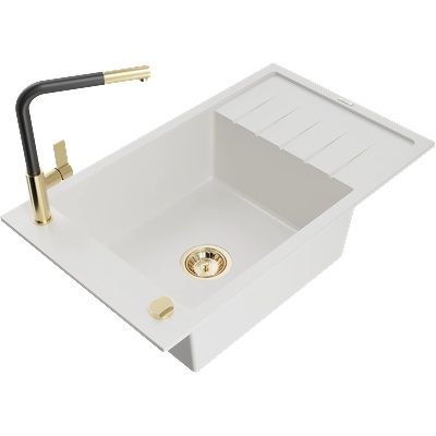 Mexen Elias гранитна мивка с 1 отделение с отцедник и кухненски смесител Flora, бял - 6511-20-670401-57-G (6511-20-670401-57-G)