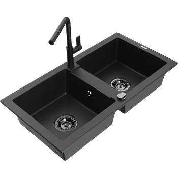 Mexen Mario двукоморна гранитна мивка с кухненски смесител Flora, черен/сребърен металик - 6504-73-670401-70-B (6504-73-670401-70-B)